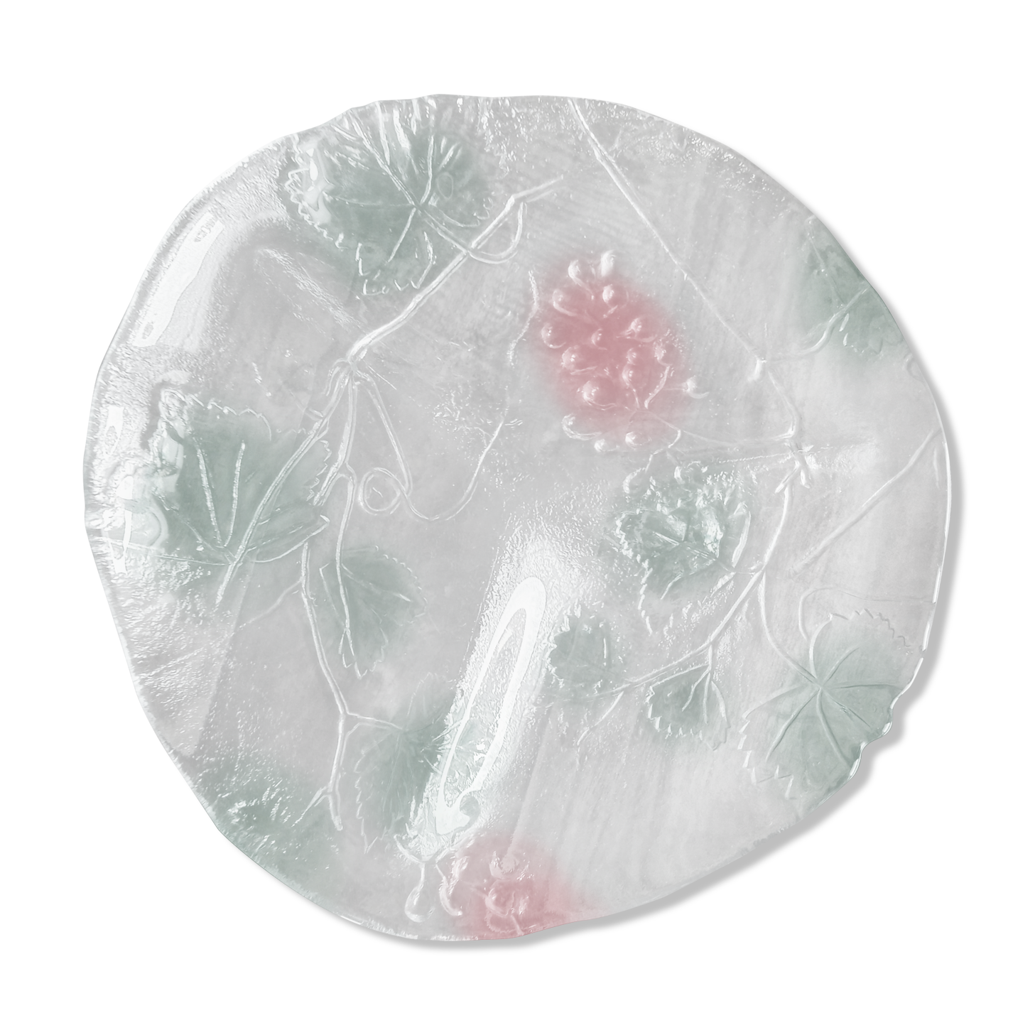 Plat rond vintage 3 compartiments en verre opaque décor coloré raisins et feuilles de vigne