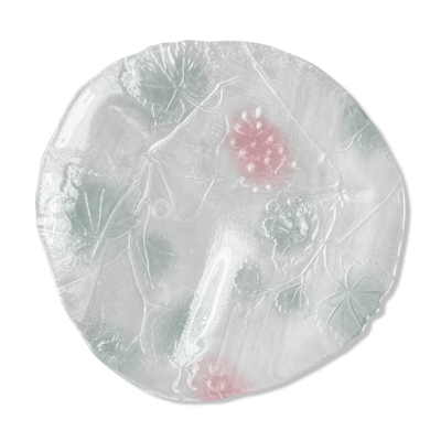 Plat rond vintage 3 compartiments en verre opaque décor coloré raisins et feuilles de vigne