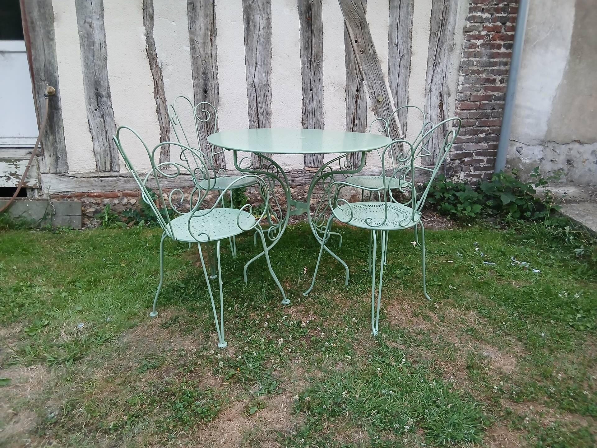Salon de jardin 1 table 4 fauteuils fer forgé ancien vert Provence