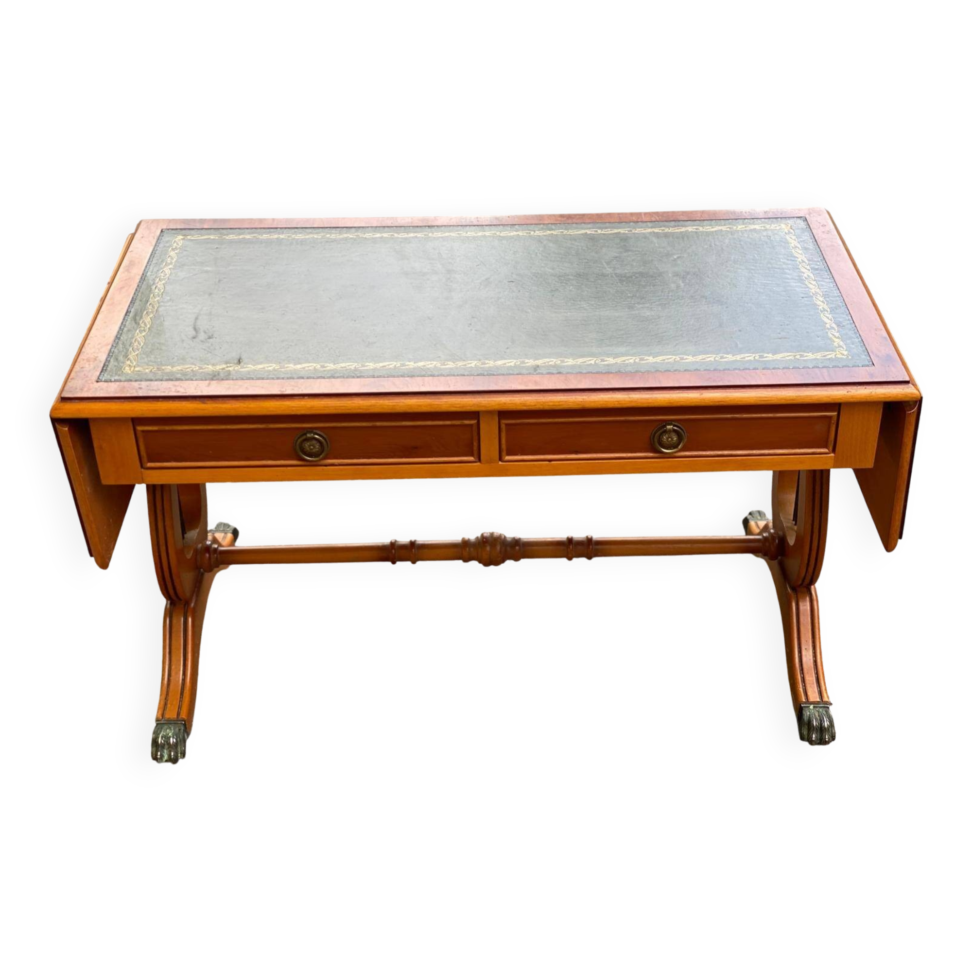 Victorian extendable coffee table in solid mahogany wood and green leather