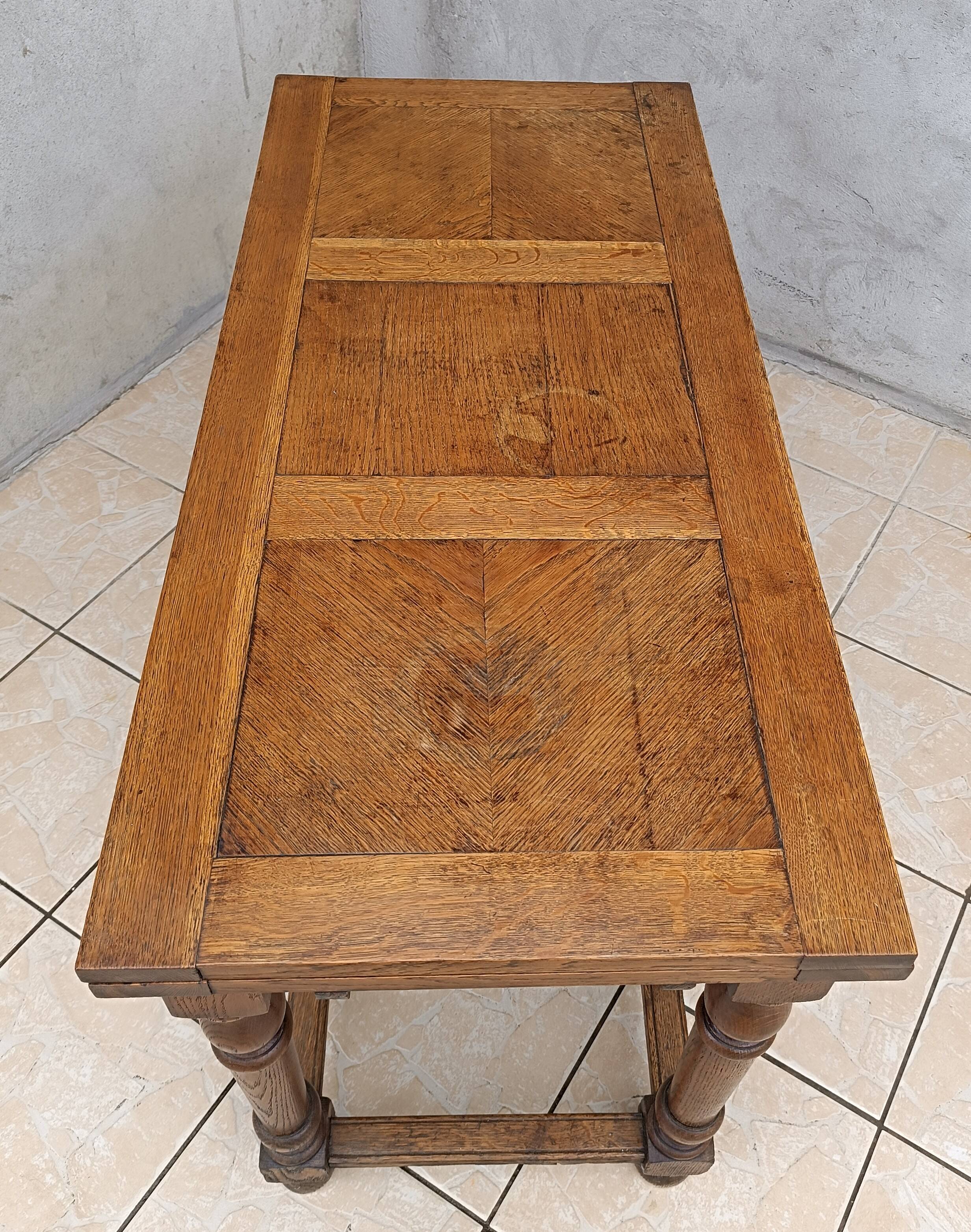 Table console rustique à rallonges en chêne début 20ème
