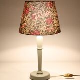Vintage table lamp, wooden base and antique printed lampshade