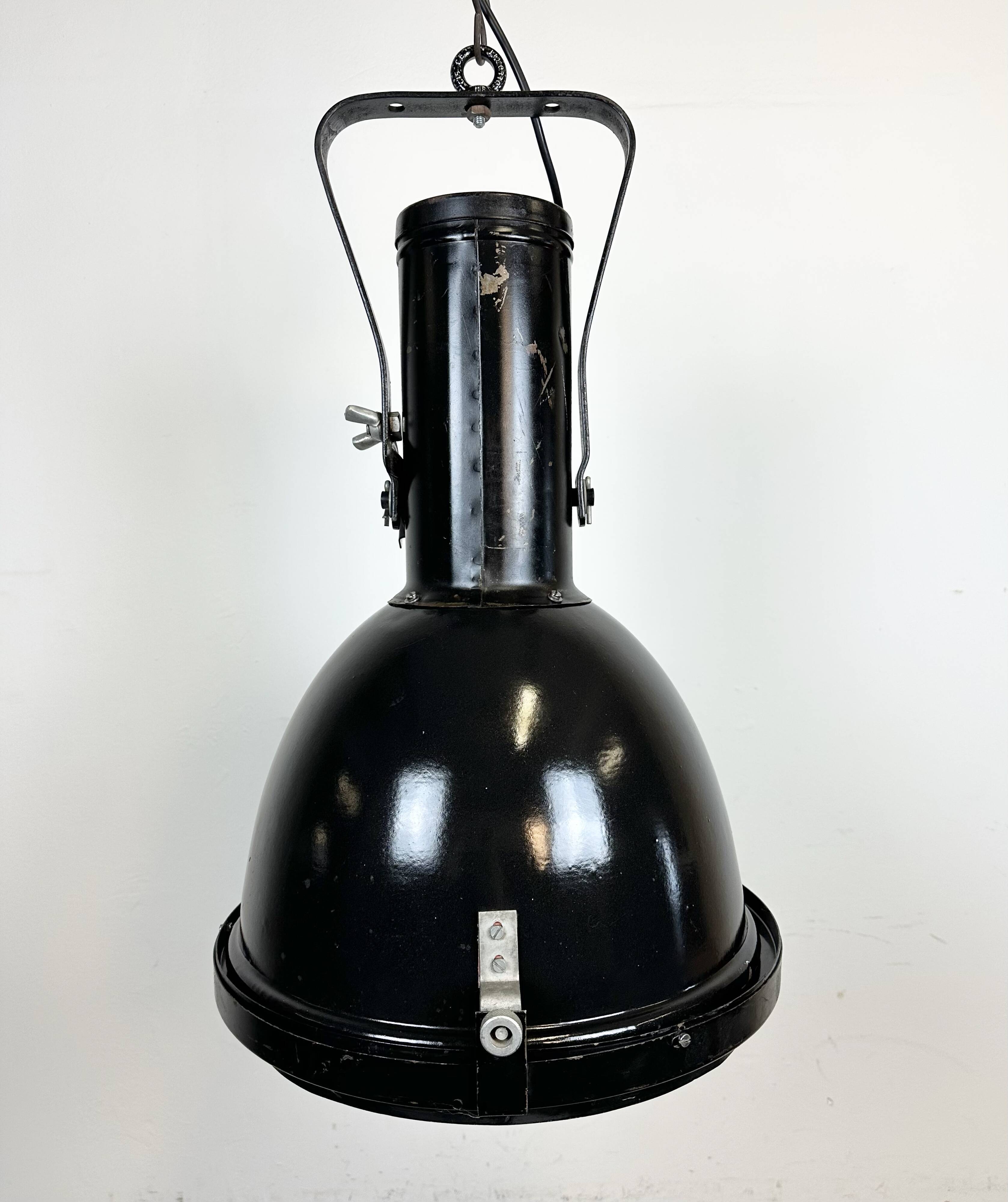 Industrial Black Enamel Factory Spotlight with Convex Glass Cover, 1960s