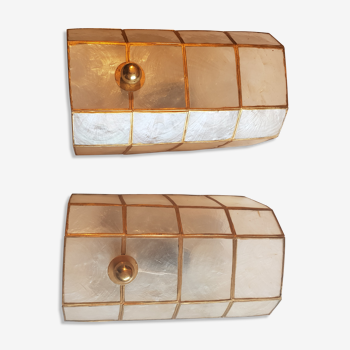 Pair of mother-of-Pearl and brass wall lamps