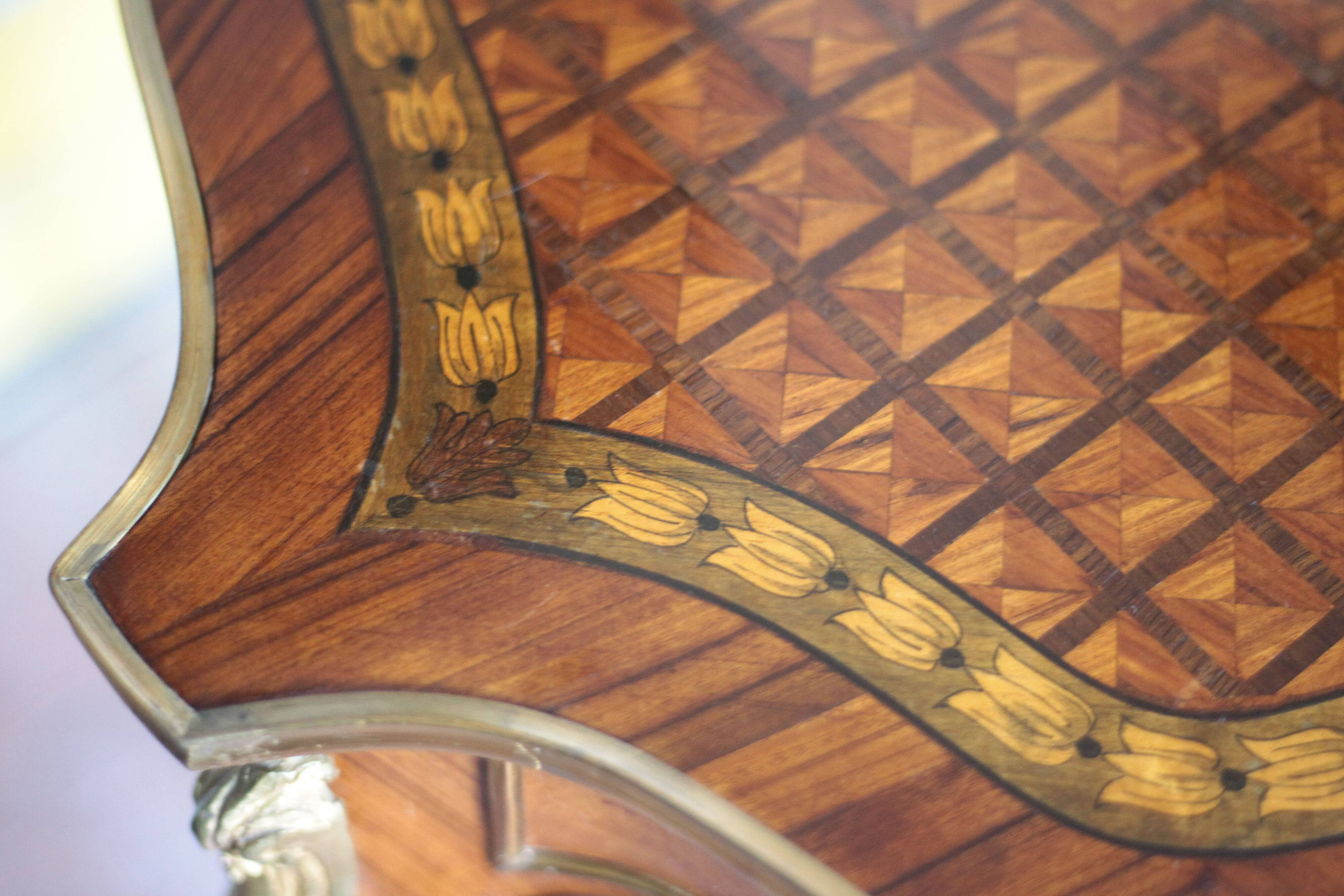 Wooden bedside table with marquetry and bronze, side table with curved legs
