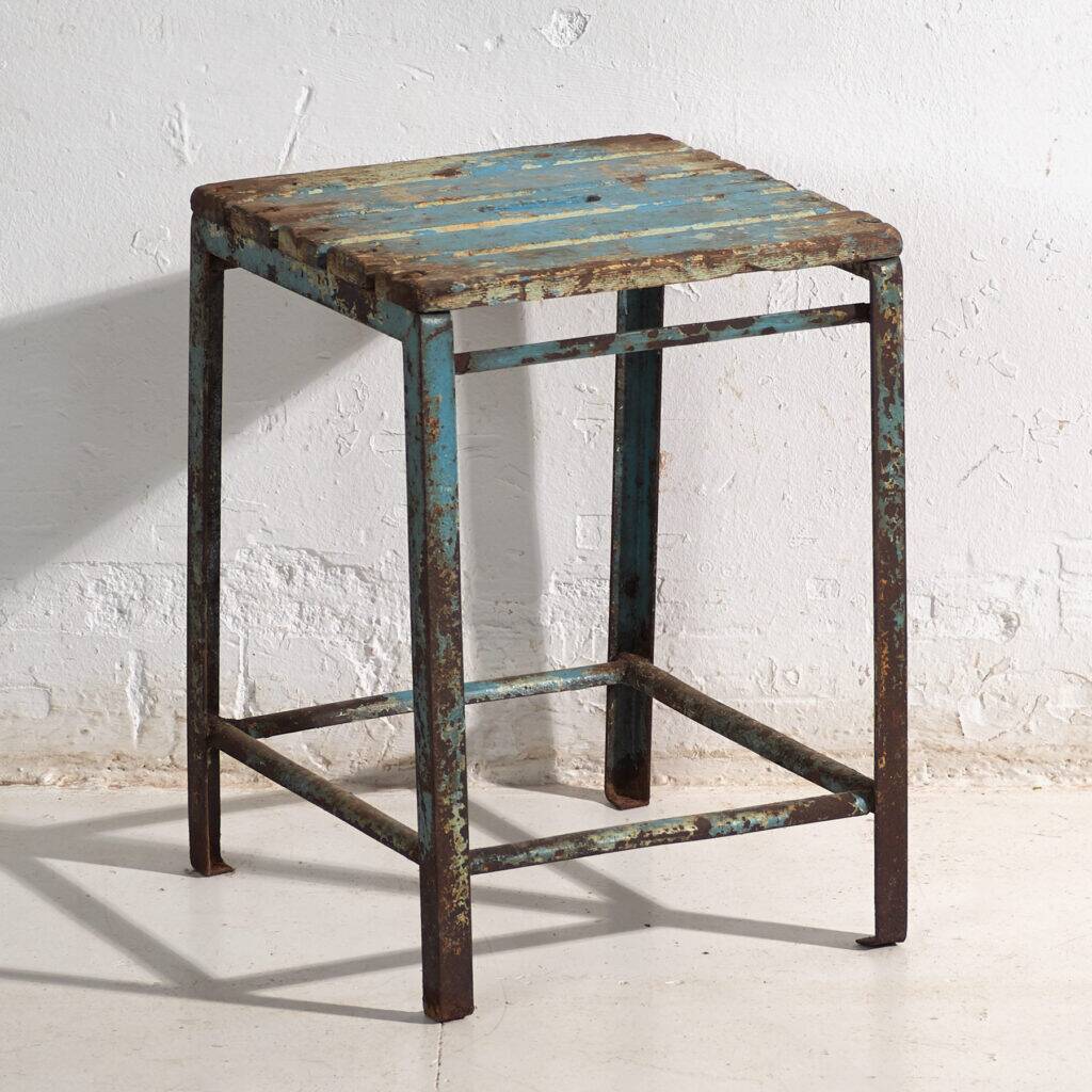 Vintage industrial stool made of pine wood and iron – Central Europe, around 1950
