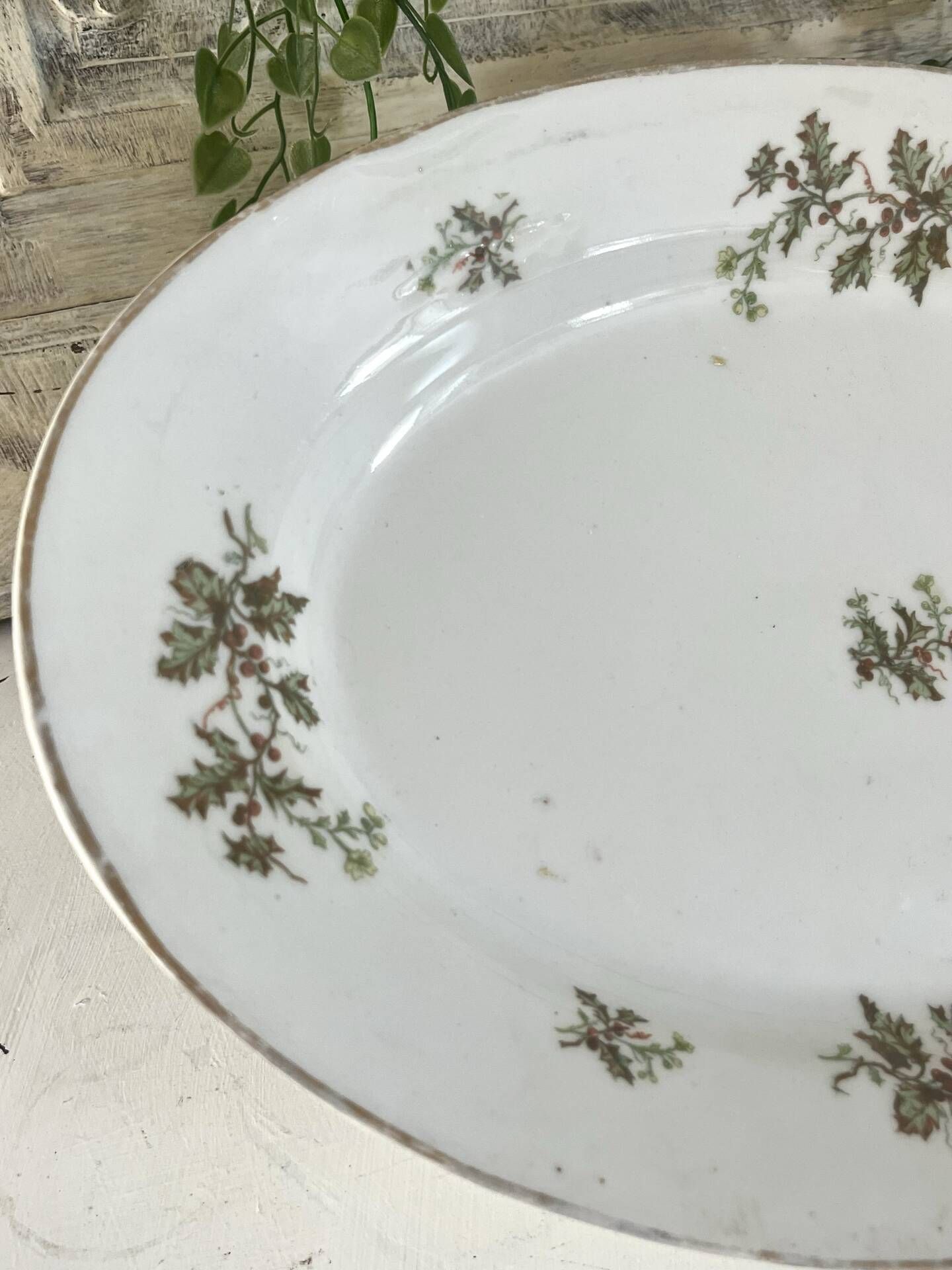 Vintage French Holly Deep Platter, Christmas Serving Dish, Large Oval