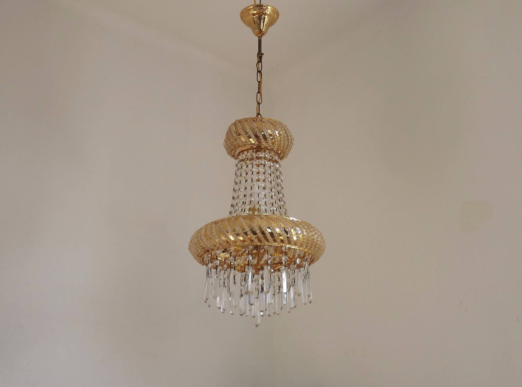 Vintage Gold Metal 5-Light Chandelier – Crystal Beads & Glass Prisms