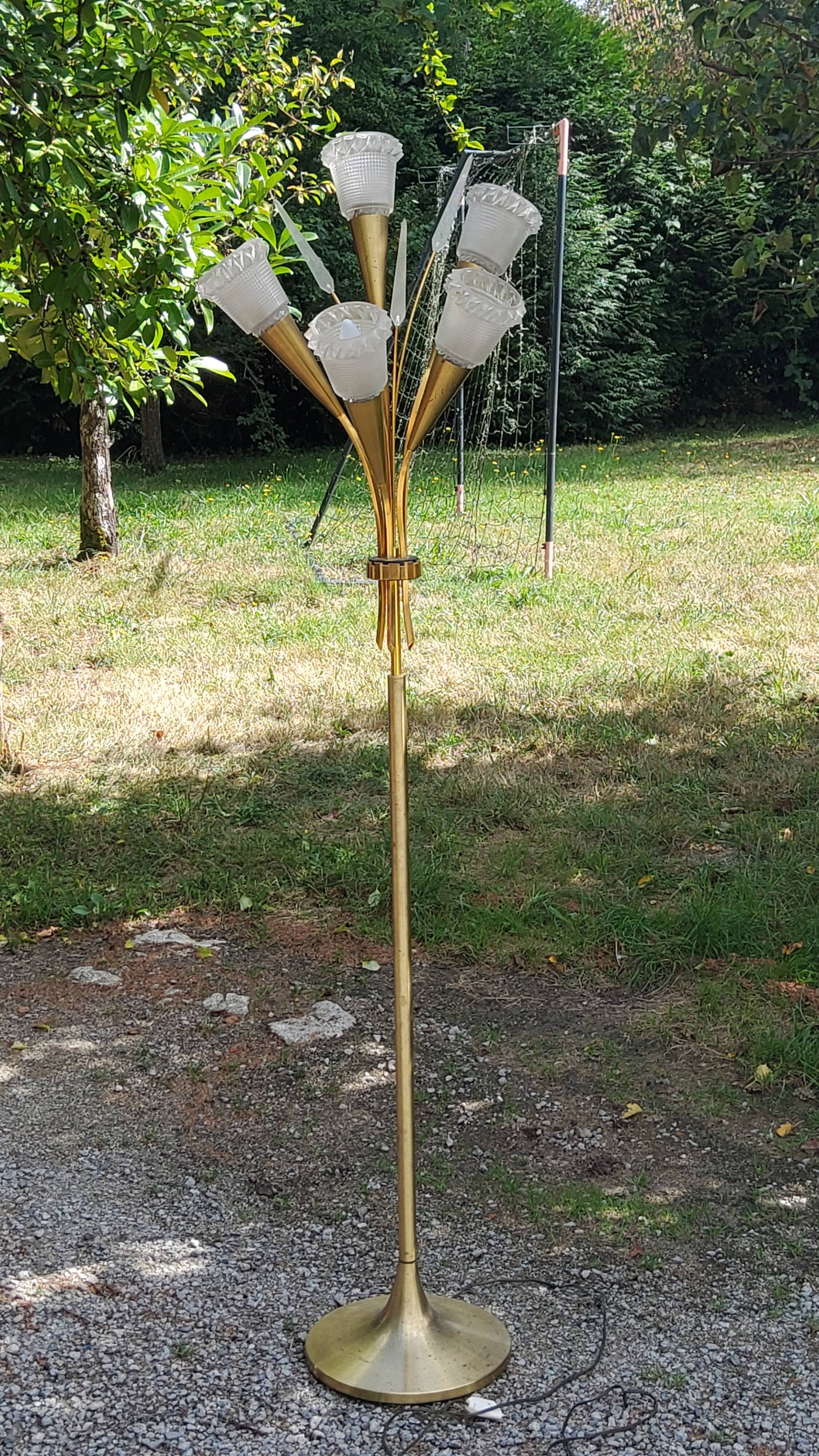 Vintage floor lamp in gilded brass with 5 glass tulips from the 50s