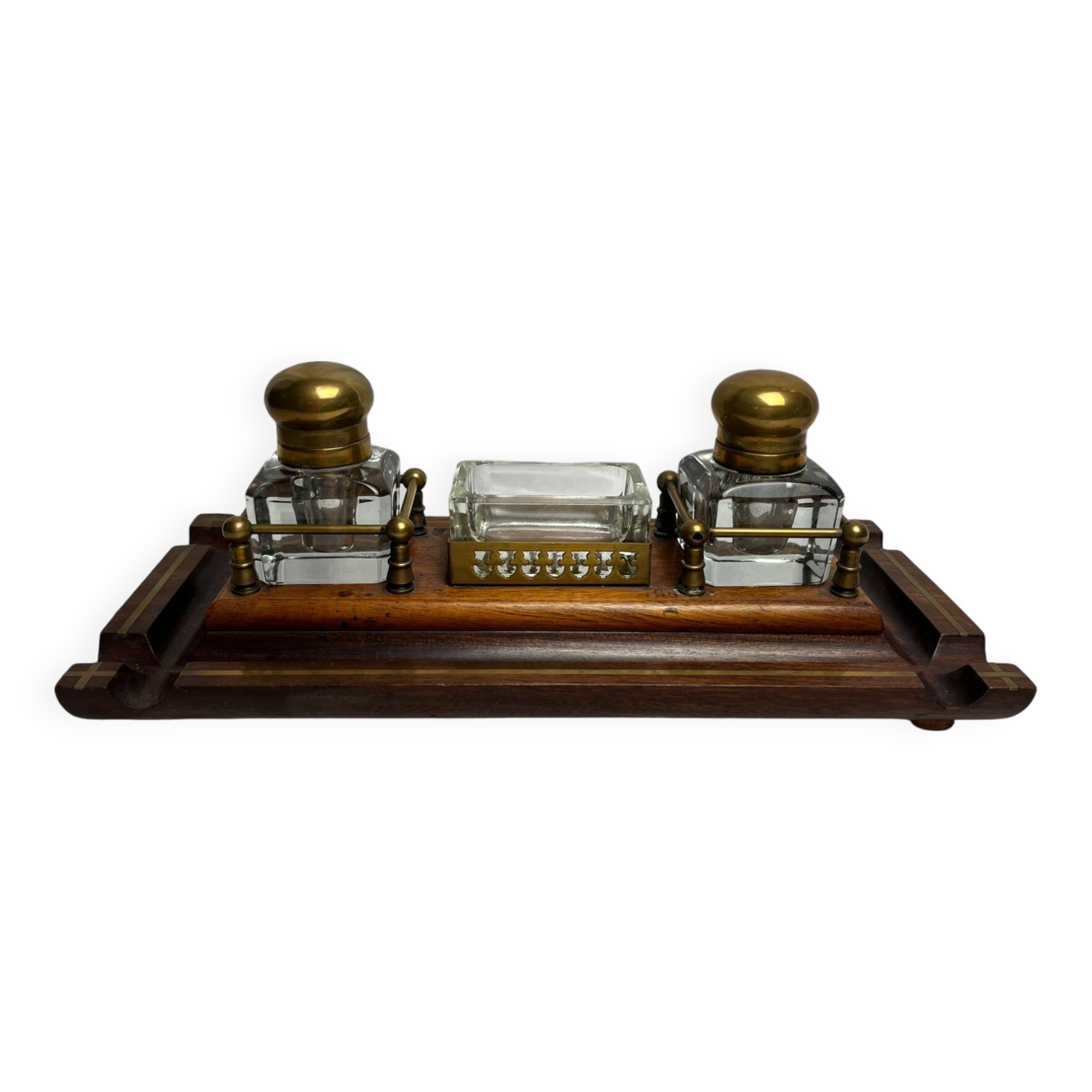 Desk inkwell in molded wood, brass and crystal, late 19th century