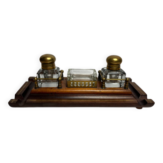 Desk inkwell in molded wood, brass and crystal, late 19th century