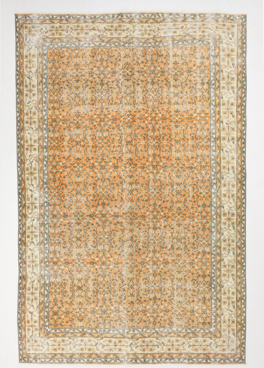 Grand tapis persan vintage orange et ivoire, motifs floraux raffinés
