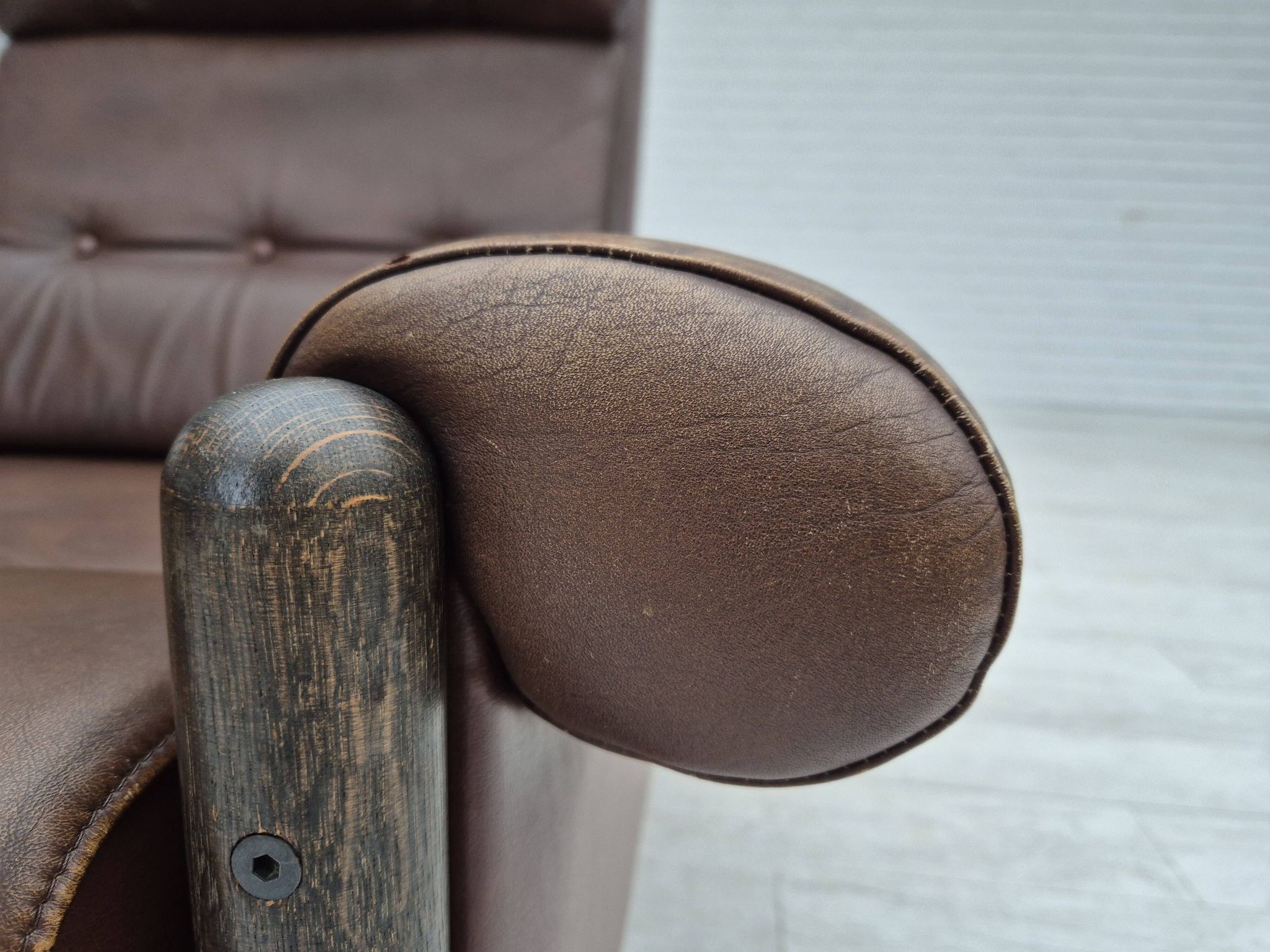 1970s, Danish armchair, original condition, furniture leather, dark oak wood.
