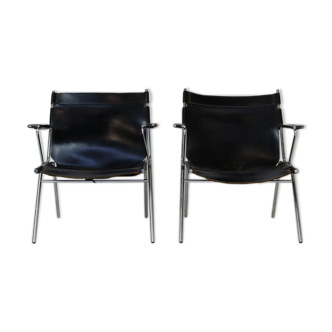 Dutch design black leather and chrome armchairs