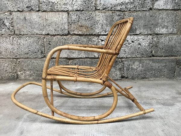 Rocking chair enfant en rotin bambou 1960