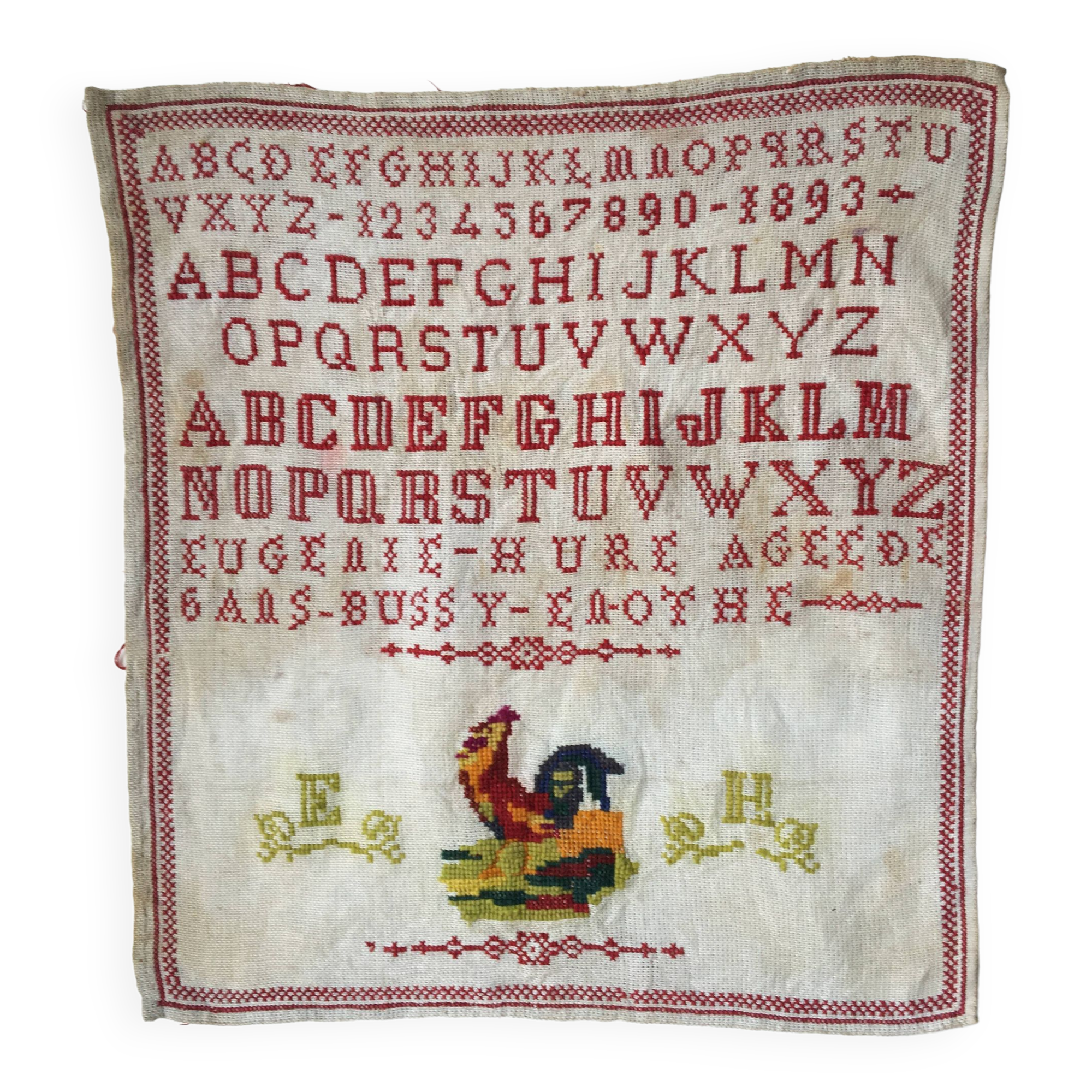 Abécédaire Ancien Broderie Point De Croix – 1885, Rouge, 41,5x32 Cm – BAISSE DE PRIX