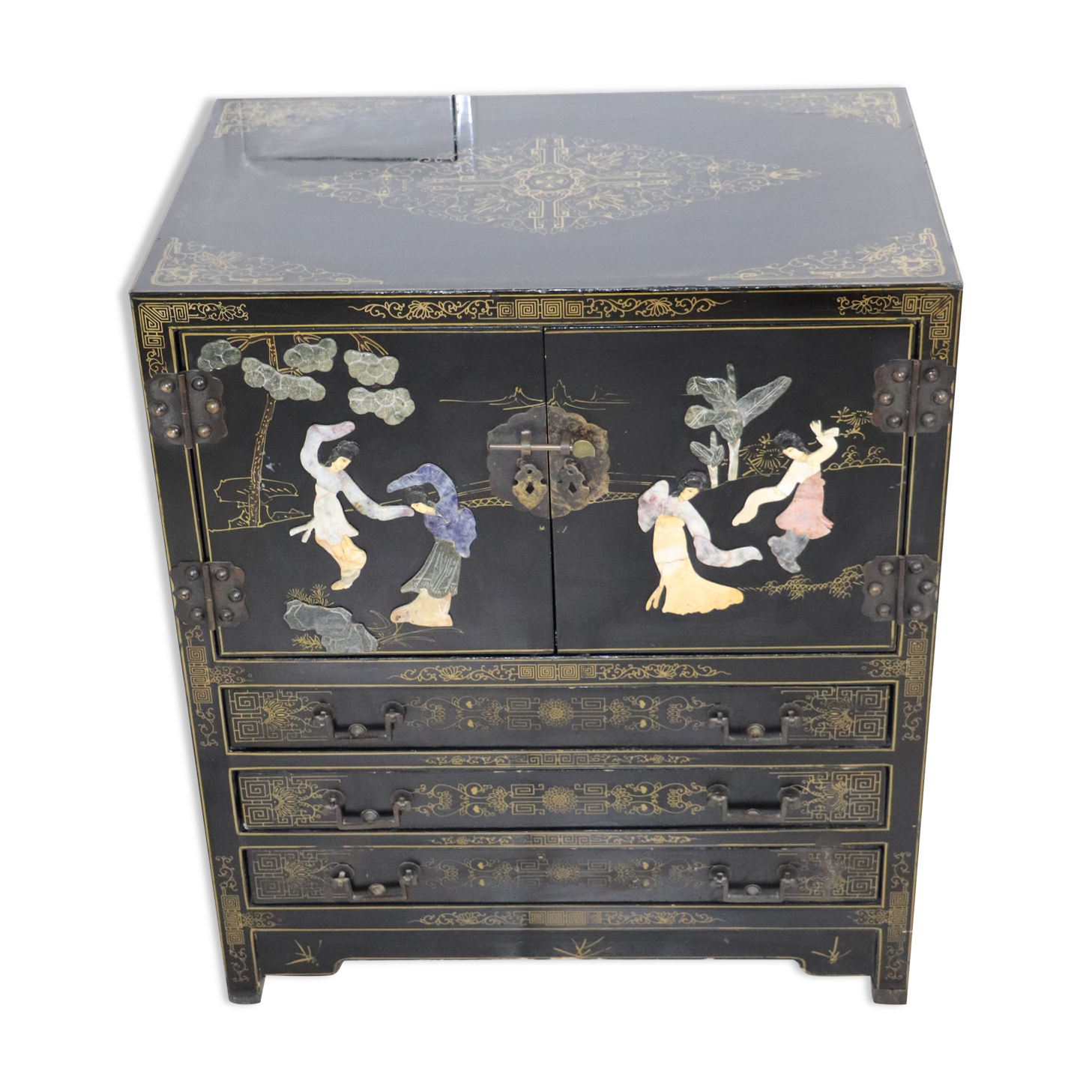 Black lacquered Chinese buffet with stone and ivory figures