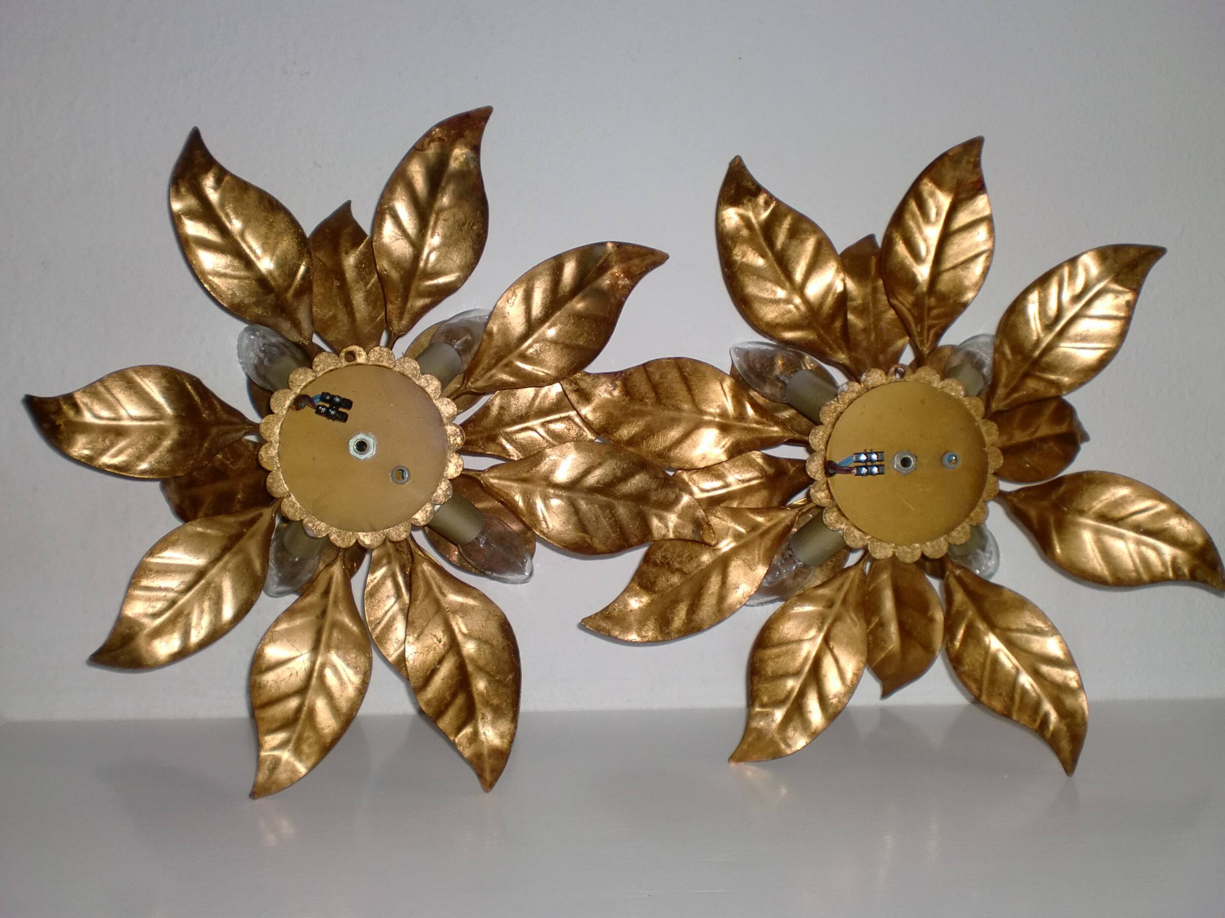 Pair of Florentine Wall Lamps / Ceiling Lights Golden Metal Leaves