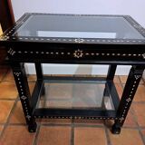 Table basse syrienne en bois, verre et incrustations de nacre