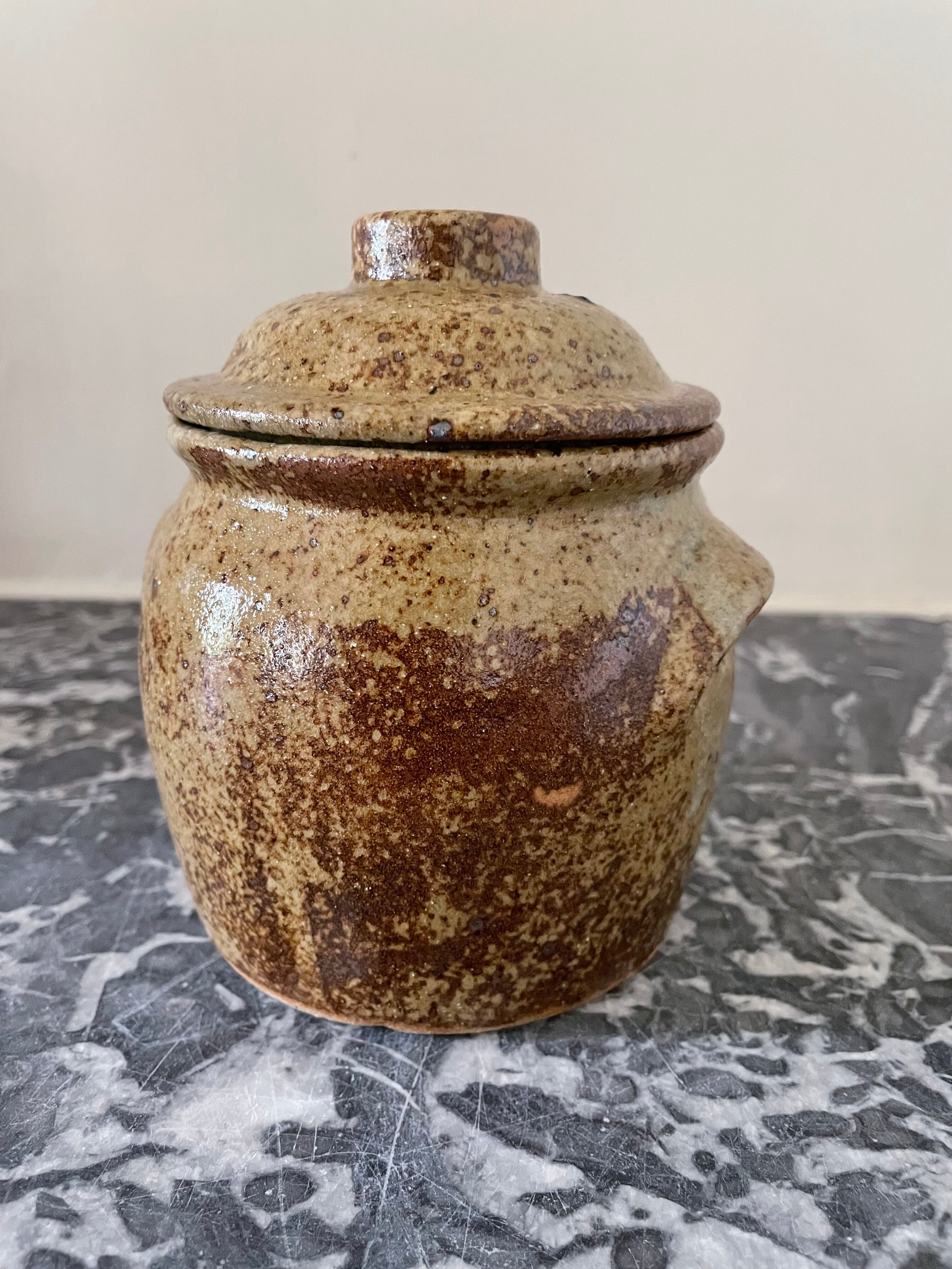 Vintage pyrite stoneware lid pot