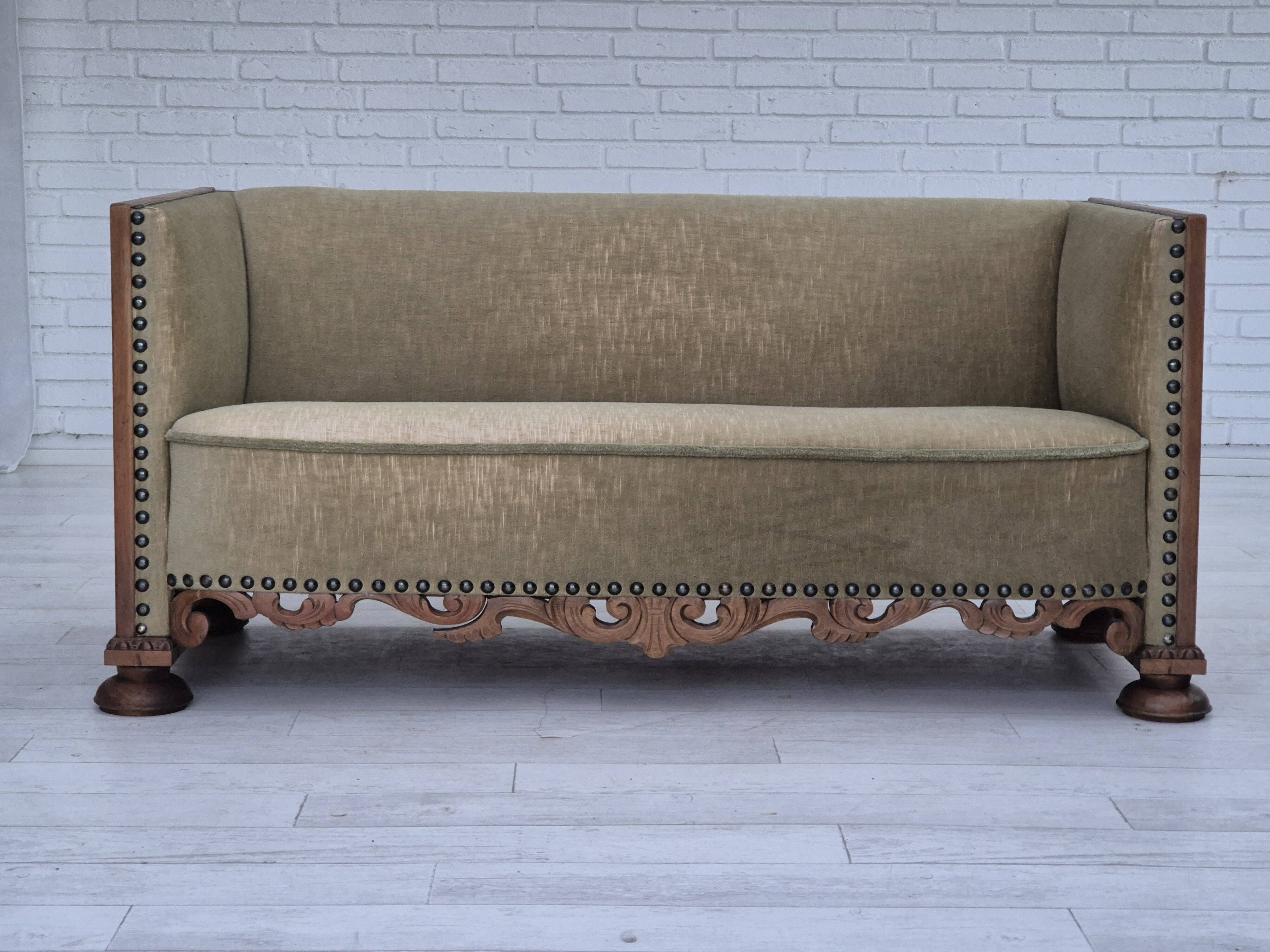 1950s, Danish curved sofa, furniture velour, oak wood.
