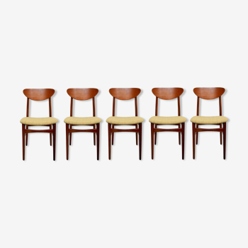 Set of 5 chairs in teak, yellow fabric