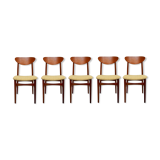 Set of 5 chairs in teak, yellow fabric