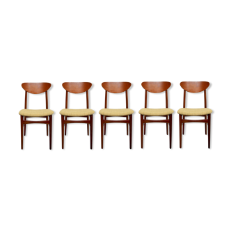 Set of 5 chairs in teak, yellow fabric