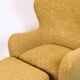 Armchair with ottoman - Over-upholstered - Patterned yellow fabric - Black legs - Danish design - 1940s style