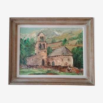 Painting signed Prior oil painting landscape Romanesque church