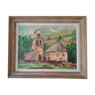 Tableau signé Prieur peinture à l'huile paysage église romane