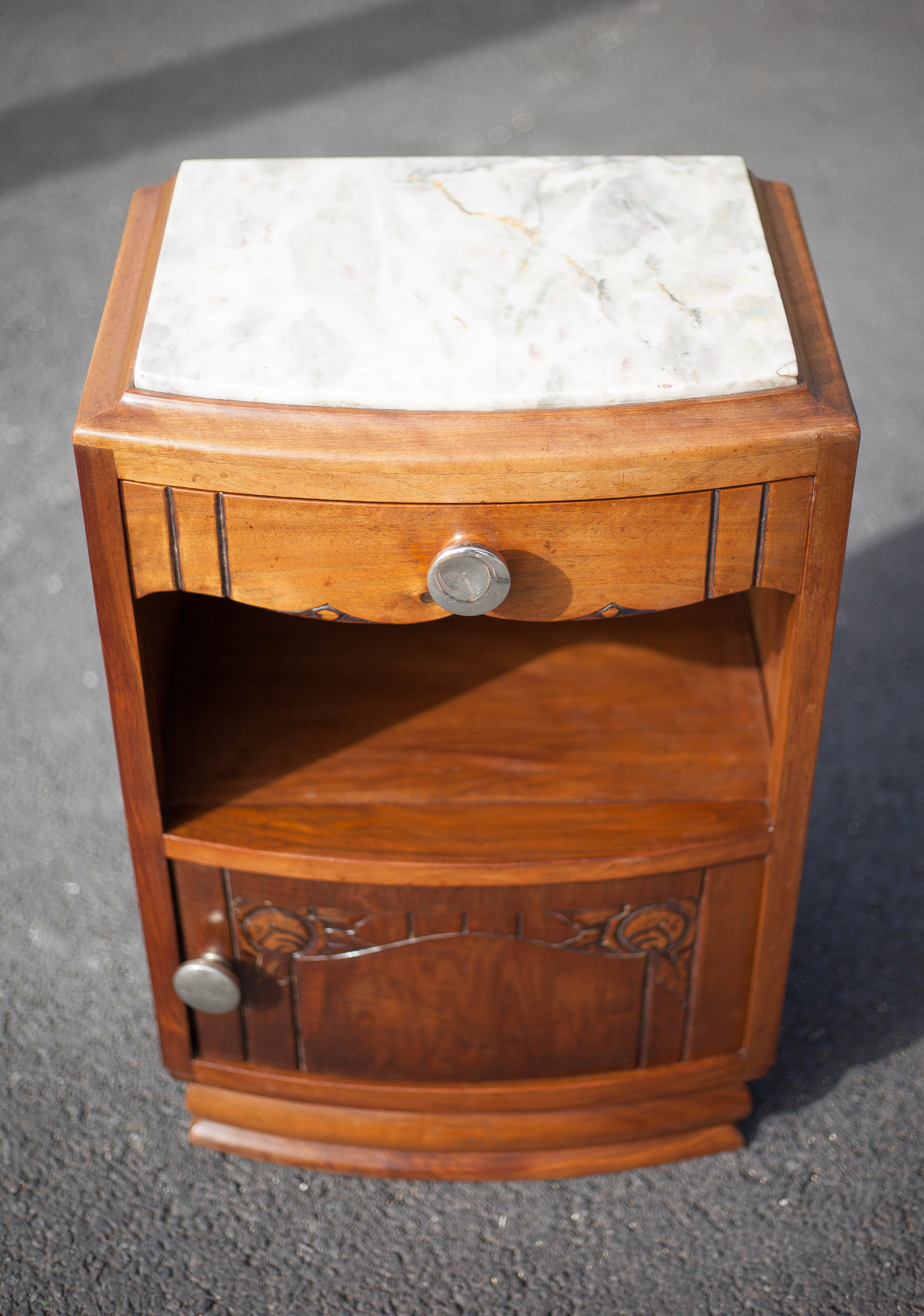 Bedside table, wooden nightstand with marble plate, art deco furniture, vintage furniture