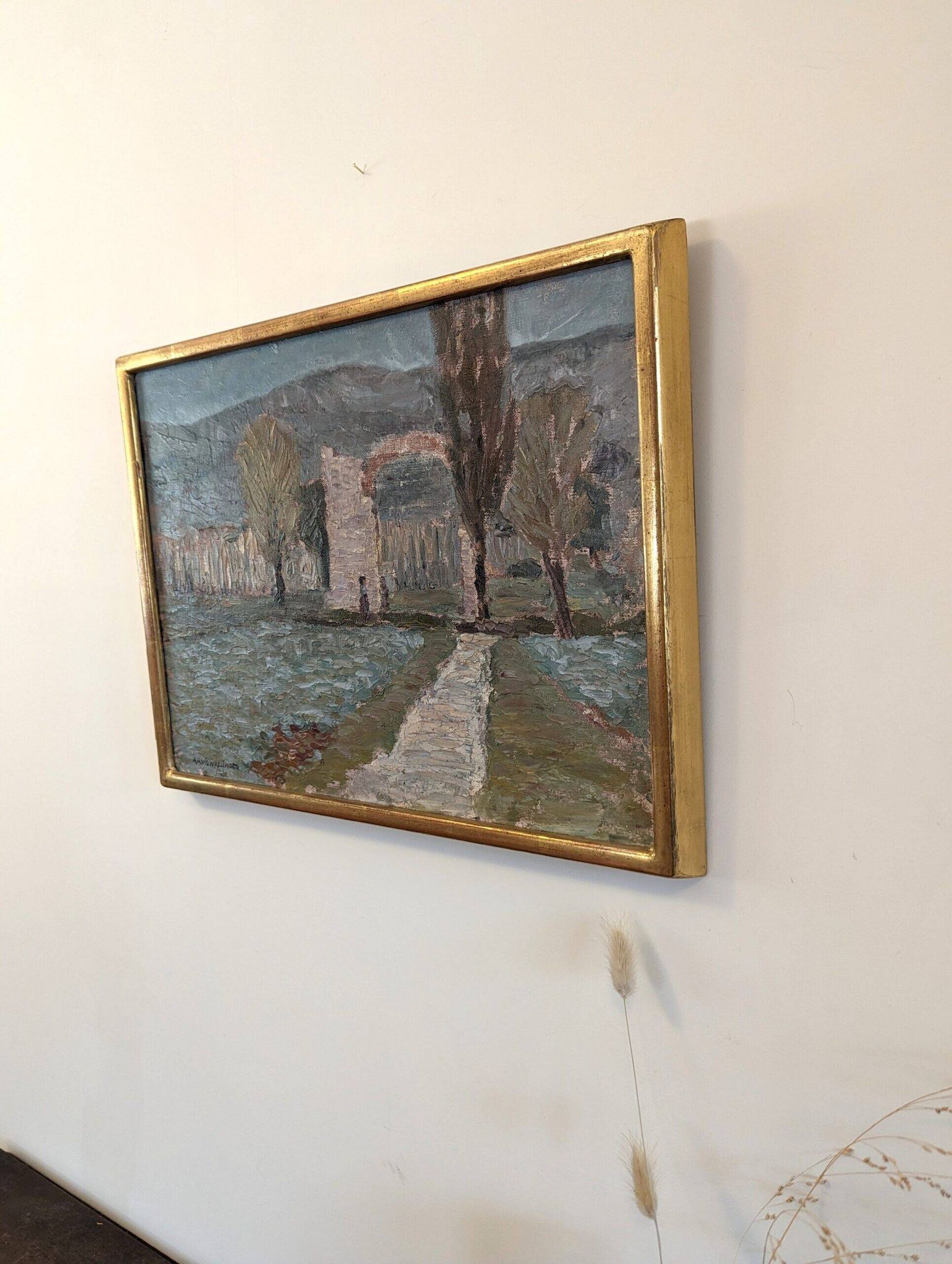 Mid-Century Modern Swedish "Italian Valley" Vintage 1967 Oil Painting, Framed