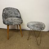 Fauteuil et tabouret moumoute vintage