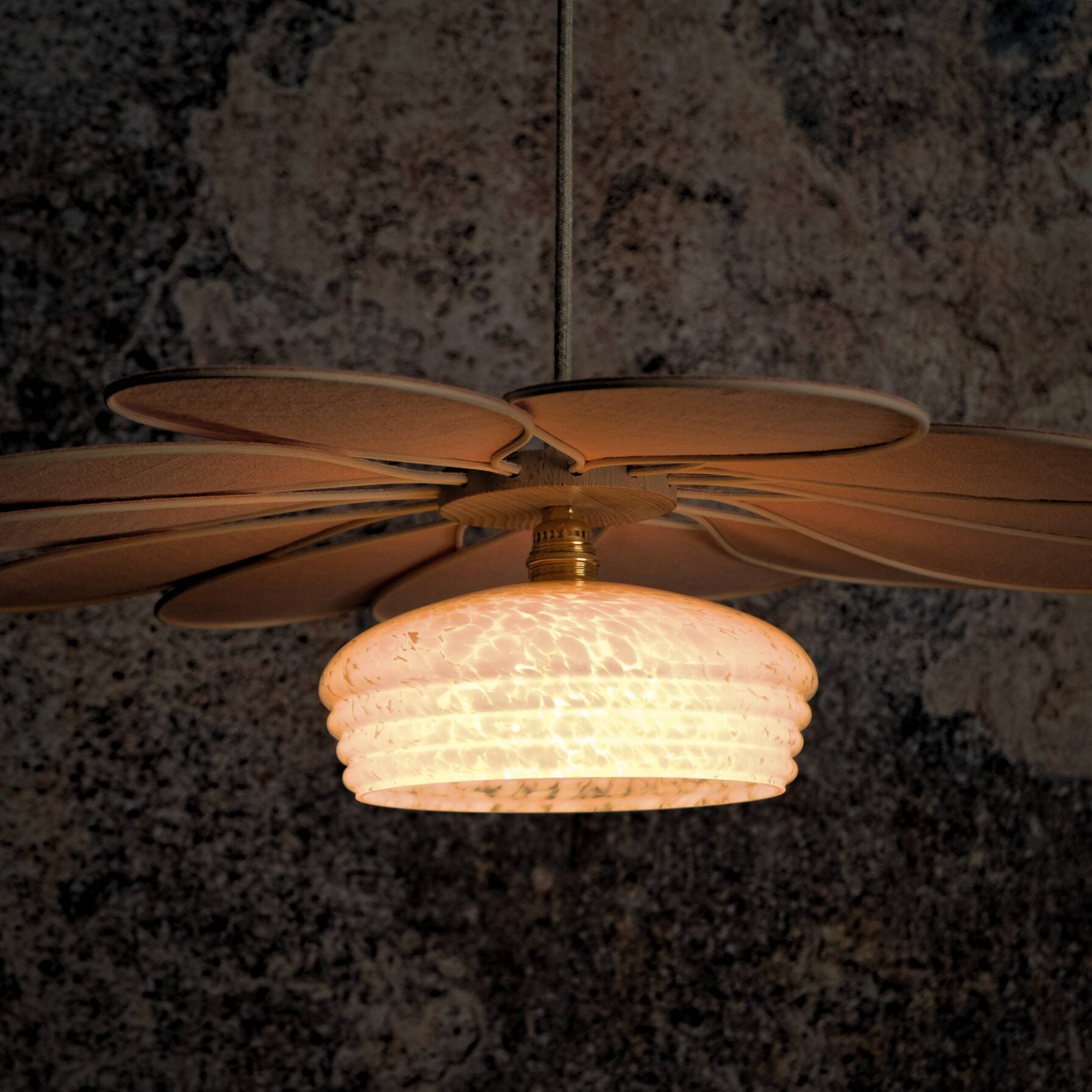 Rattan and Pink Linen Flower Pendant Light and Vintage Clichy Glass Globe