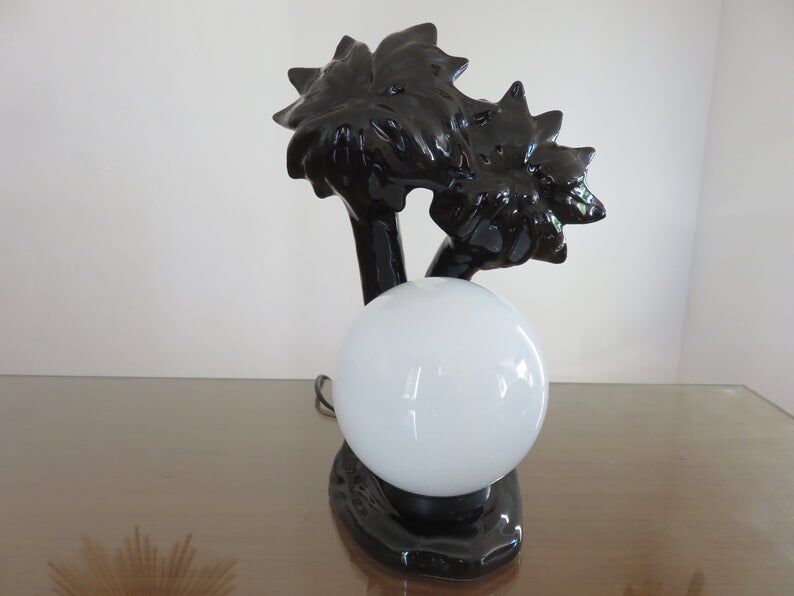 Black ceramic "palm" lamp and white opaline ball 70/80