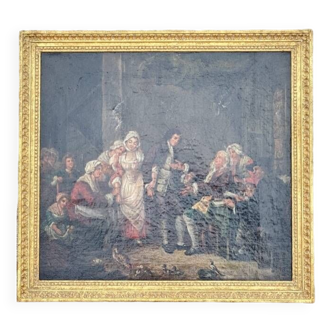 Huile sur toile, scène d'intérieur dans le gout de Greuze