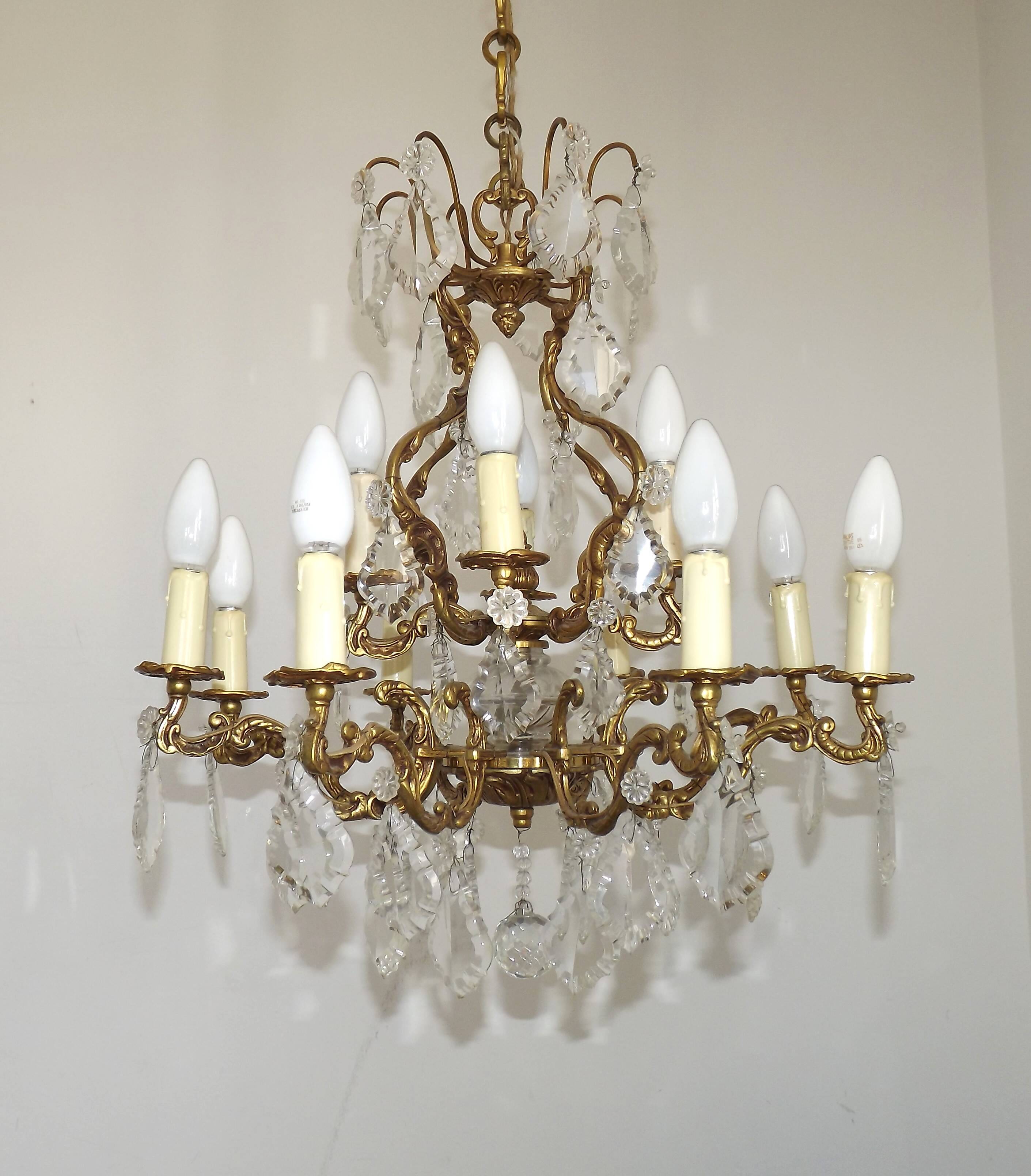 Lustre Cage 12 Lights Art Nouveau Bronze Glass and Crystal 5226