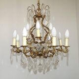 Lustre Cage 12 Lights Art Nouveau Bronze Glass and Crystal 5226