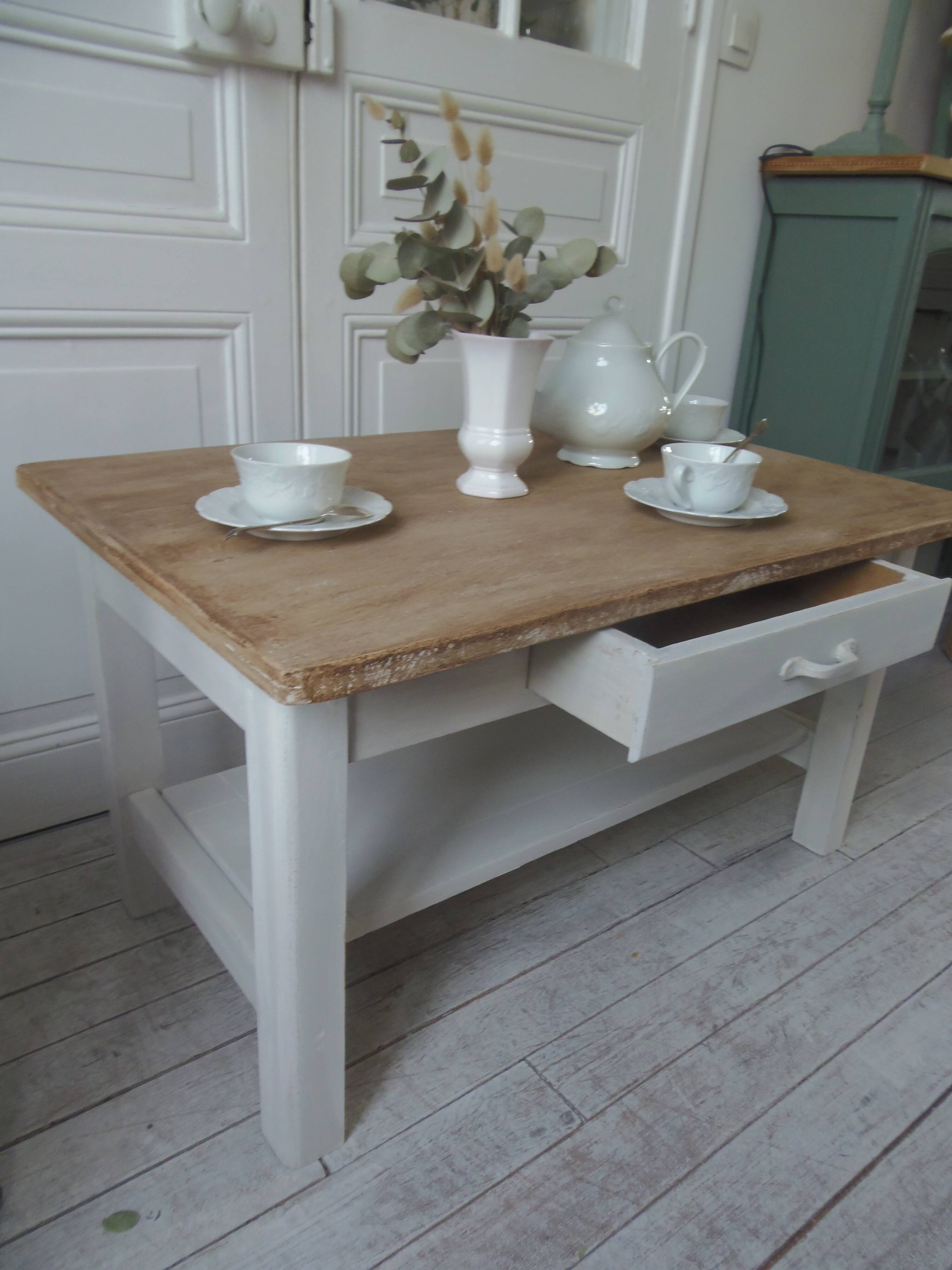 Coffee table made from a vintage table, pearl gray patina, wooden top.
