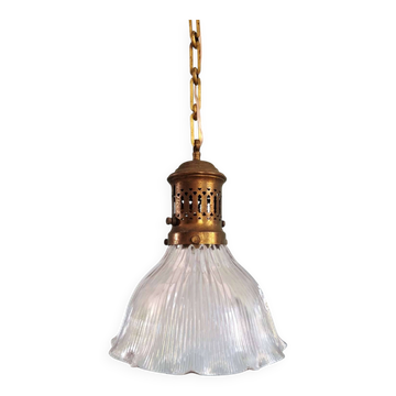 Grande suspension Holophane en verre rainuré transparent, 1920-30
