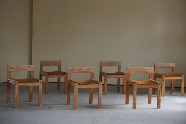 Lot de 6 chaises à manger danoises en pin massif et cuir, années 1970