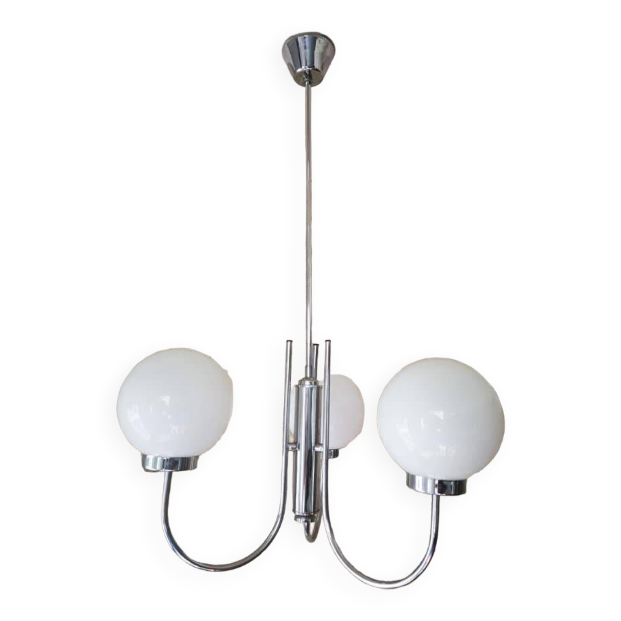 Old 3-light globe opaline stainless steel pendant/chandelier 1960/1970 space age vintage