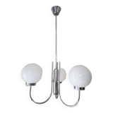 Old 3-light globe opaline stainless steel pendant/chandelier 1960/1970 space age vintage