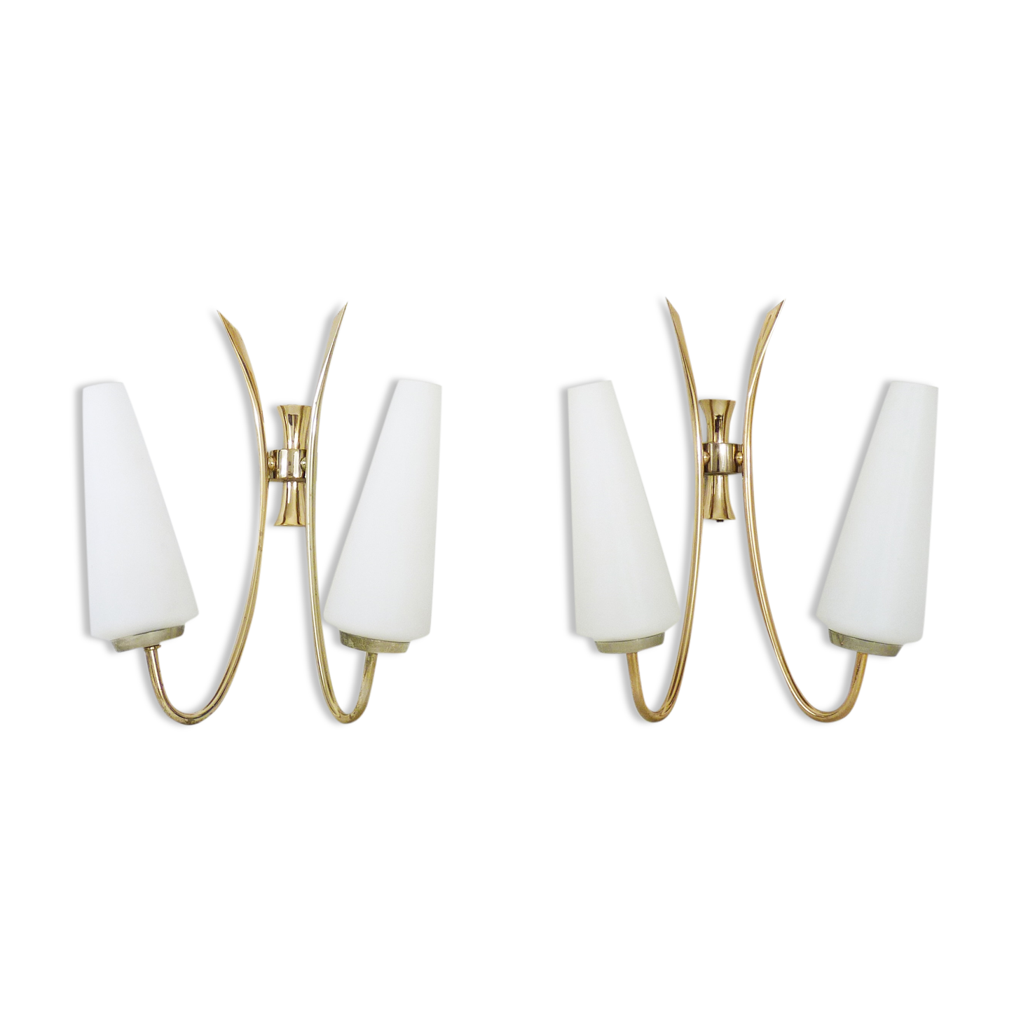 Pair of brass wall sconces and double tube in white opaline 1960
