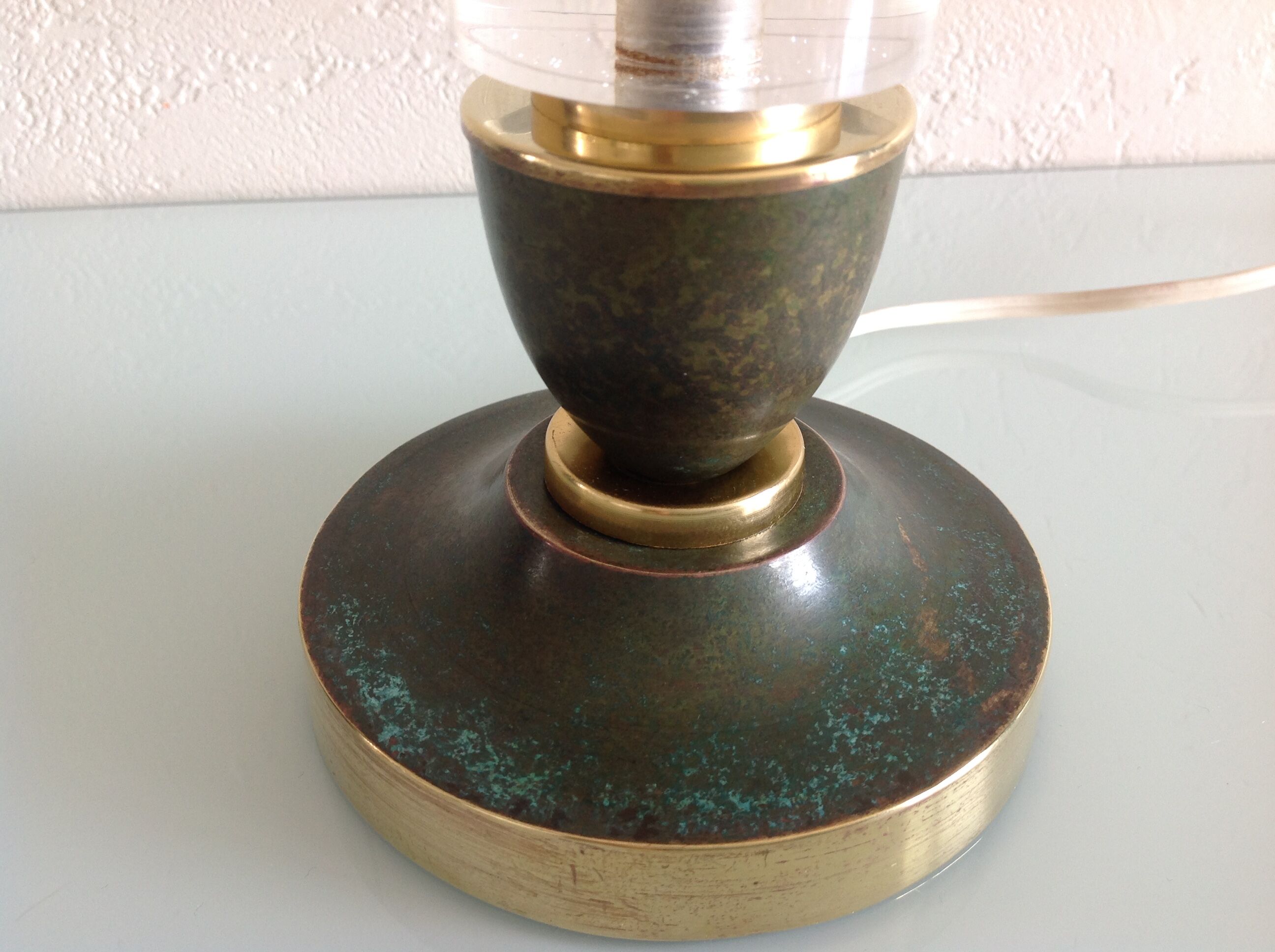 Brass lamp foot and art deco style wood