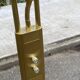 Vintage Italian design gold halogen floor lamp with double spotlight dome.