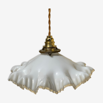 Vintage opaline glass pendant lamp pleated snowflake shape new golden threads and socket