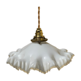 Vintage opaline glass pendant lamp pleated snowflake shape new golden threads and socket