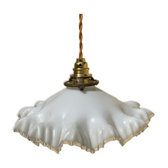 Vintage opaline glass pendant lamp pleated snowflake shape new golden threads and socket